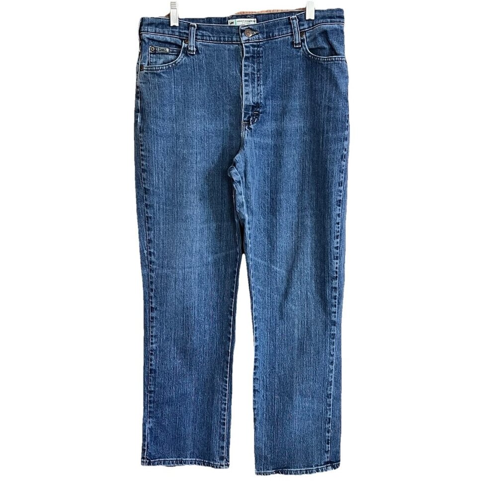 Womens Lee Relaxed Straight Leg Jeans Stretch High Rise Size 14 Med Holes Spots